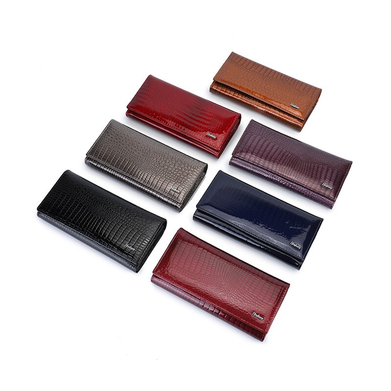 女士真皮按扣钱包漆皮鳄鱼纹按扣时尚设计多卡位大容量零钱包