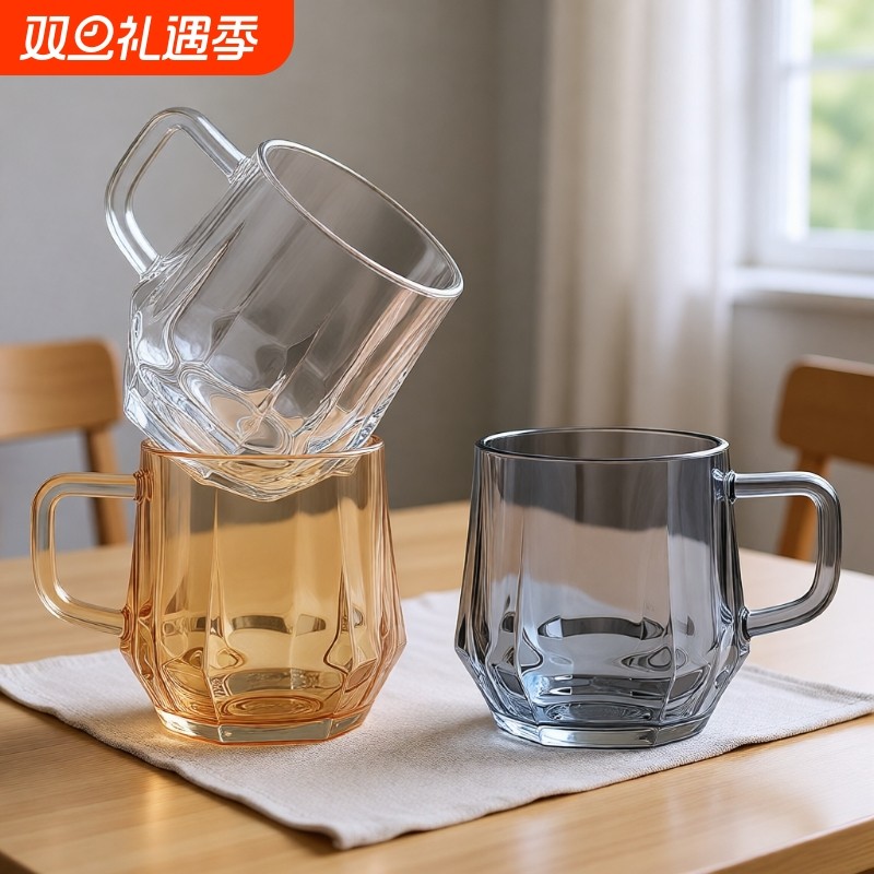 ins风创意牛奶咖啡杯高级感六角杯客厅耐热泡茶杯带把手玻璃水杯