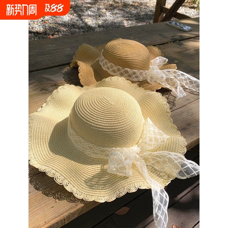 防晒草编帽女沙滩法式蝴蝶结蕾丝草帽夏天海边大帽檐度假风遮阳