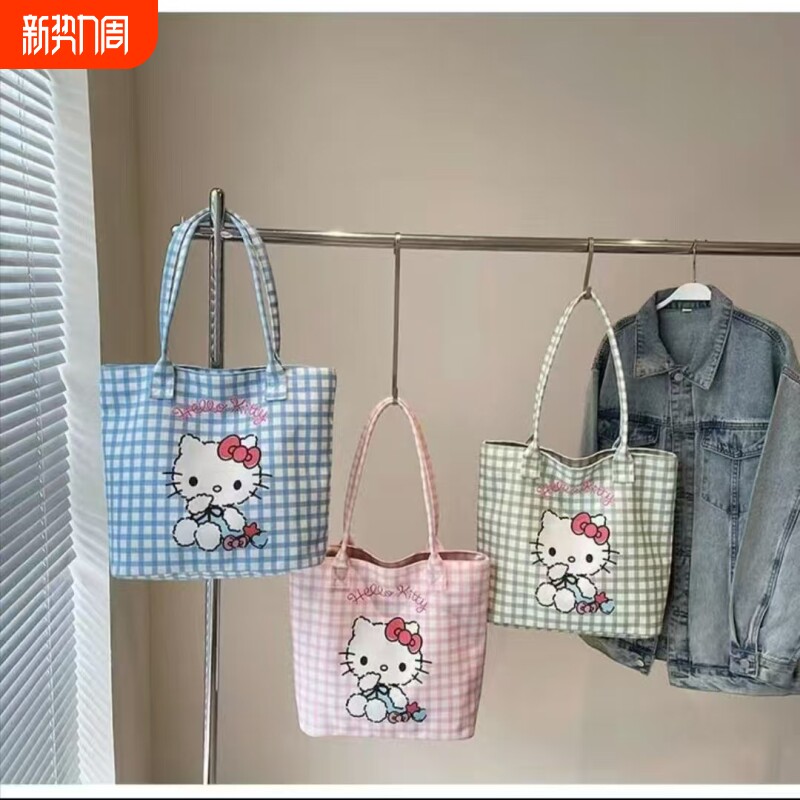 可爱帆布包少女手提袋单肩夏季百搭通勤大容量新款托特包蓝色斜挎