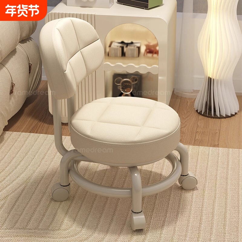 万向轮小凳子带滑轮矮凳家用换鞋凳儿童靠背椅子客厅圆凳板凳移动