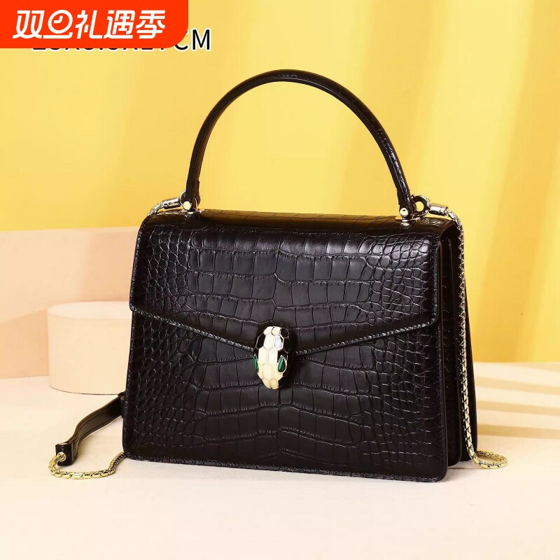 2025新款品牌小方包手提斜挎包时尚精致亮面鳄鱼纹蛇头女包潮