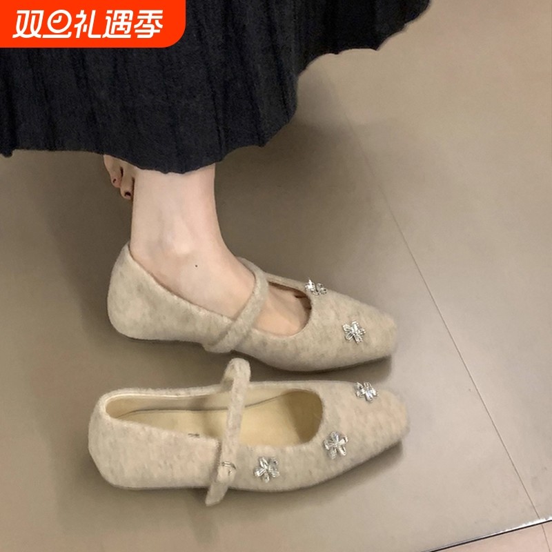 内增高复古毛呢水钻毛毛鞋单鞋女2025秋冬新款配裙子加绒玛丽珍鞋