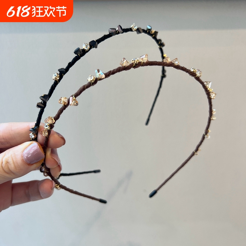 韩国日系黑色咖啡色水钻发箍女细边洋气显脸小细款头箍