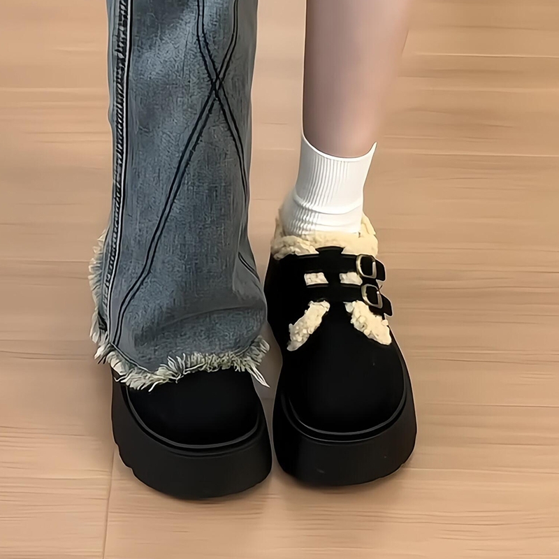 厚底加绒毛毛雪地靴女2025年冬季新款保暖勃肯鞋防滑棉鞋毛绒黑色