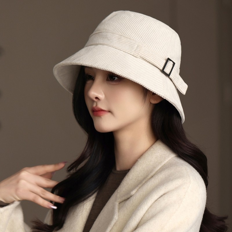 赫本风渔夫帽子女素颜百搭显脸小盆帽秋冬季防风保暖灯芯绒水桶帽