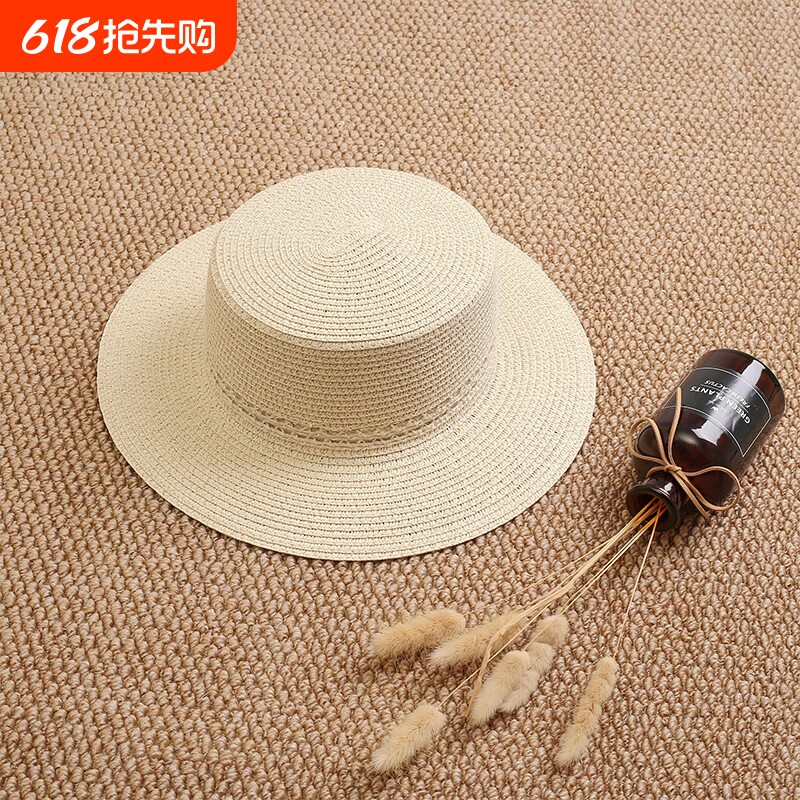 草帽女夏沙滩帽新款遮阳帽英伦风平顶礼帽太阳帽防晒帽子海边拍照