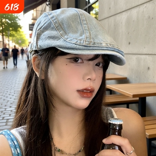 水洗牛仔前进帽女春夏款日系复古显脸小贝雷帽反戴大头围画家帽子