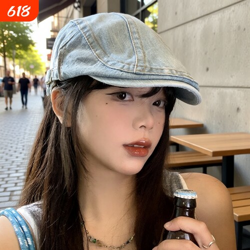 水洗牛仔前进帽女春夏款日系复古显脸小贝雷帽反戴大头围画家帽子