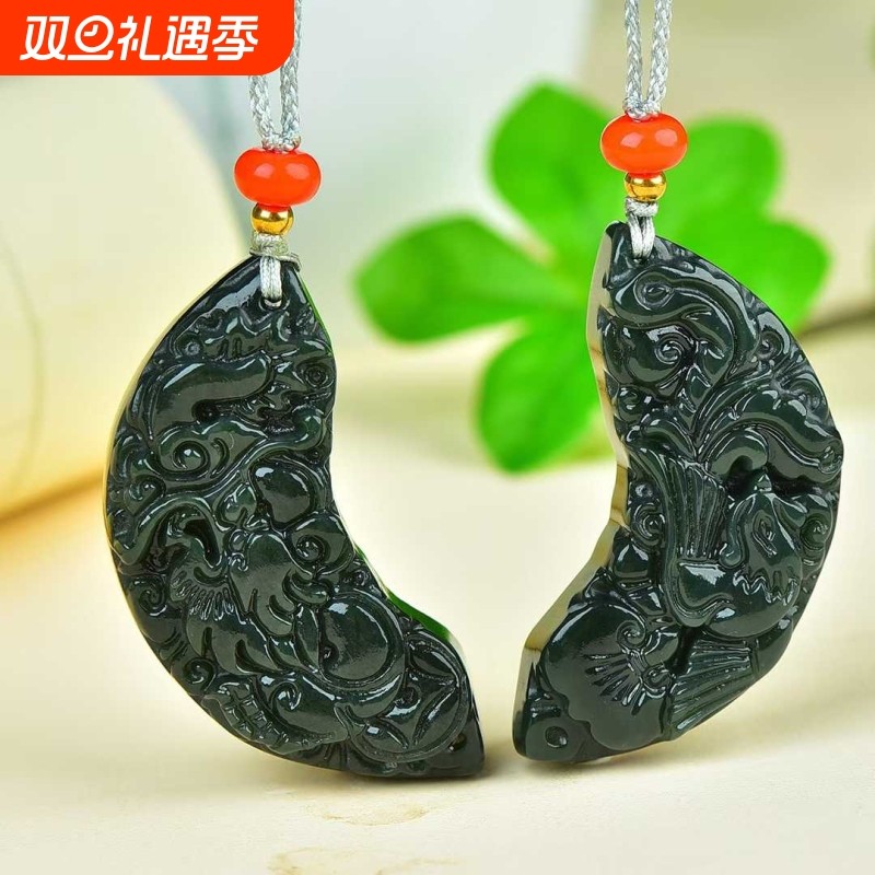 正品新疆和田玉青玉龙凤呈祥吊坠情侣定情信物成对玉佩玉石挂件礼
