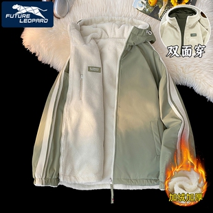 豹2026秋冬季外套男加绒休闲衣服连帽羊羔绒夹克黑色绿色潮流户外