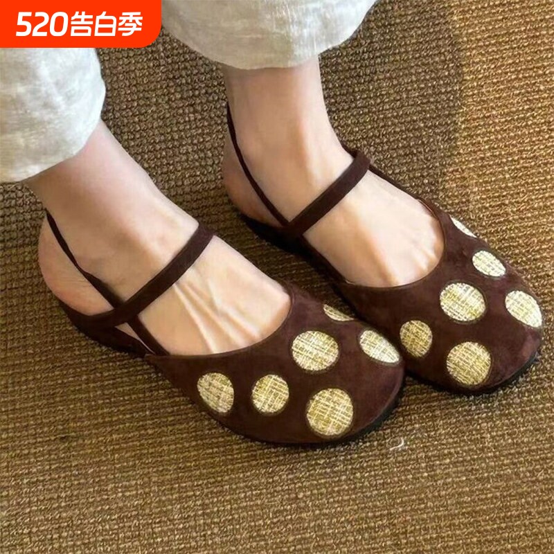 意尔康心选韩版圆头波点弹力带凉鞋女2026夏季新款小众可爱包头粗
