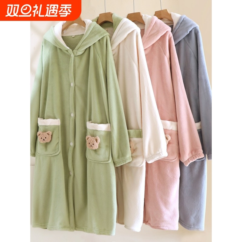 红豆睡袍女冬季珊瑚绒加厚加绒睡衣长款连衣裙2025新款睡裙浴袍家