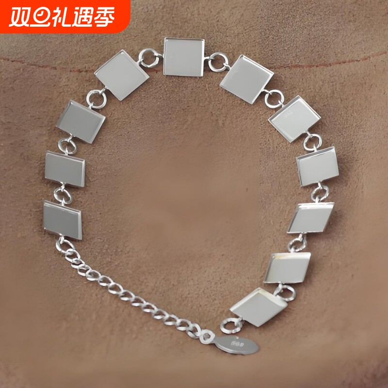 纯银空托手链半成品批发可镶嵌宝石蜜蜡珠子DIY底托配件转运珠