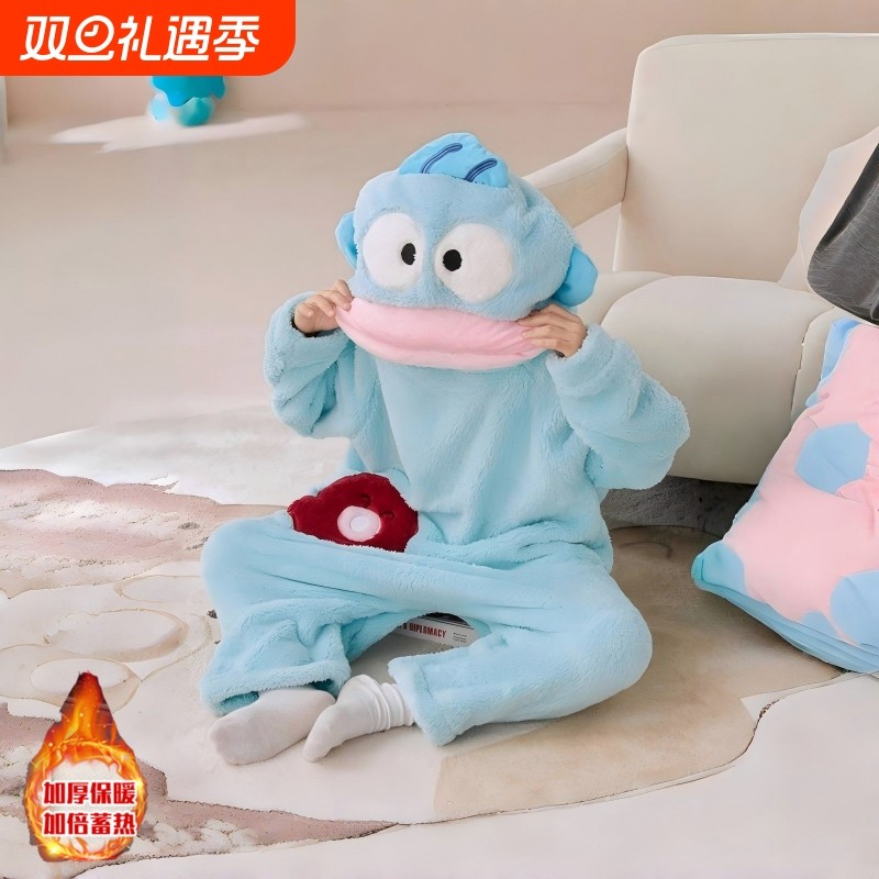 法兰绒丑鱼儿童可爱搞怪连体睡衣女亲子秋冬加厚珊瑚绒卡通家居服