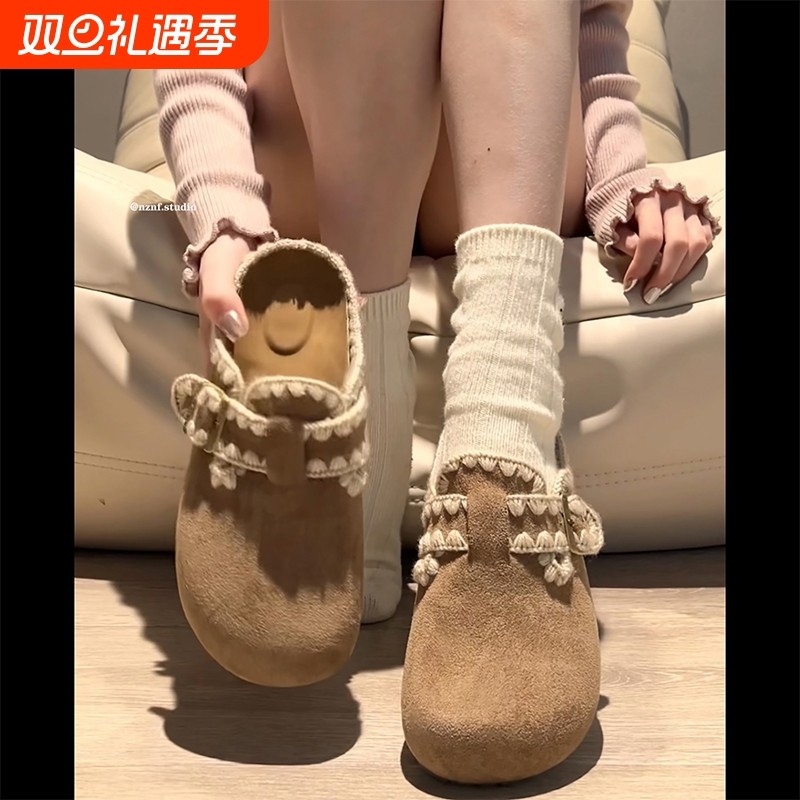 复古内增高包头厚底拖鞋女外穿2025新款秋季加绒配裙子半拖勃肯鞋