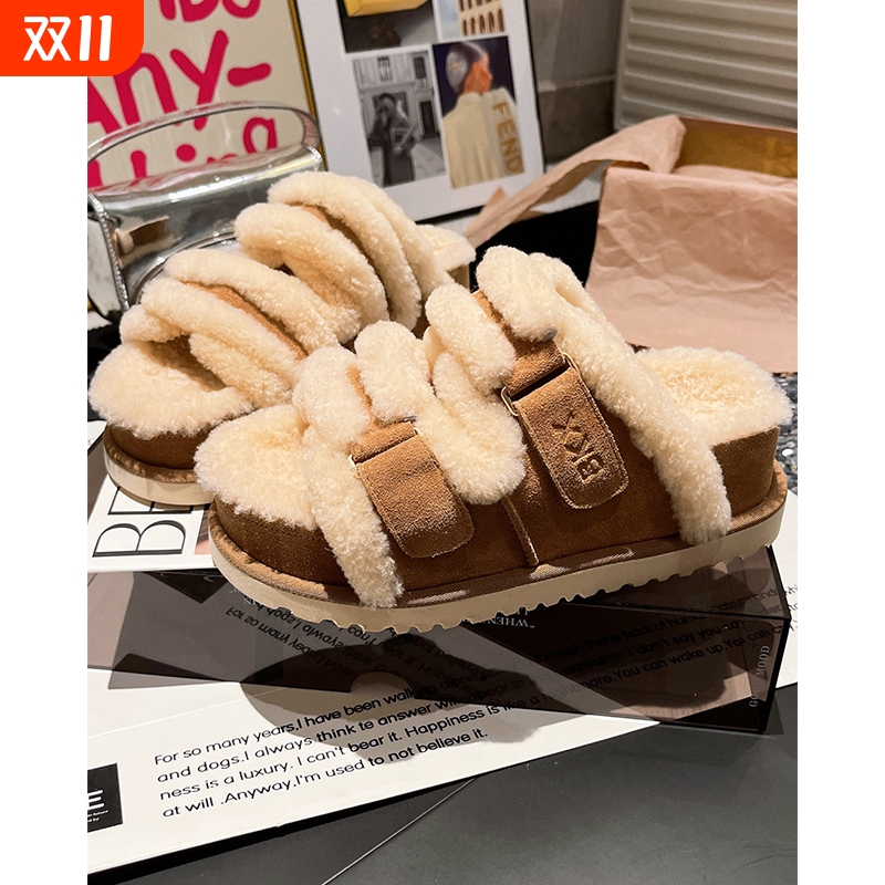 羊羔毛真皮厚底松糕小个子6cm增高毛毛鞋拖鞋外穿百搭勃肯鞋女鞋