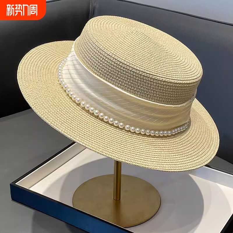 法式名媛风平顶礼帽2023新款夏季珍珠草编海边防晒遮阳帽子女编织