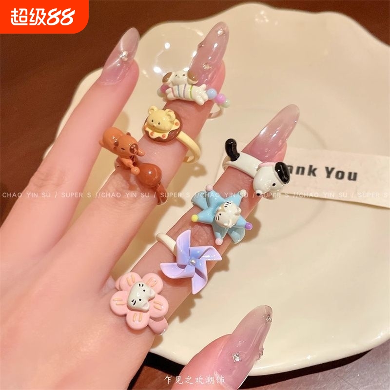 萌宠系列~原创开口小狗猫咪戒指女小众可爱卡通可旋转食指戒指环