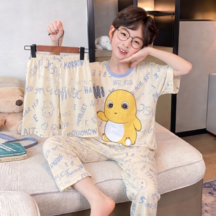 男童睡衣青少年2026新款莫代尔夏季薄款短袖三件套儿童卡通家居服