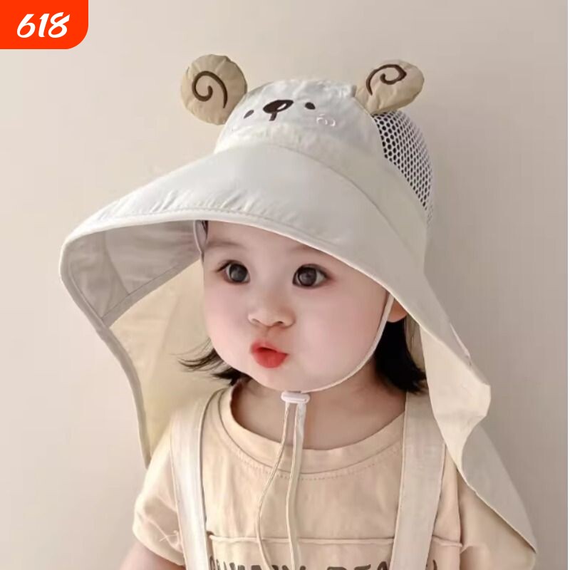 儿童防晒帽子夏季薄款遮阳帽男童可爱防紫外线太阳帽女宝宝披肩帽
