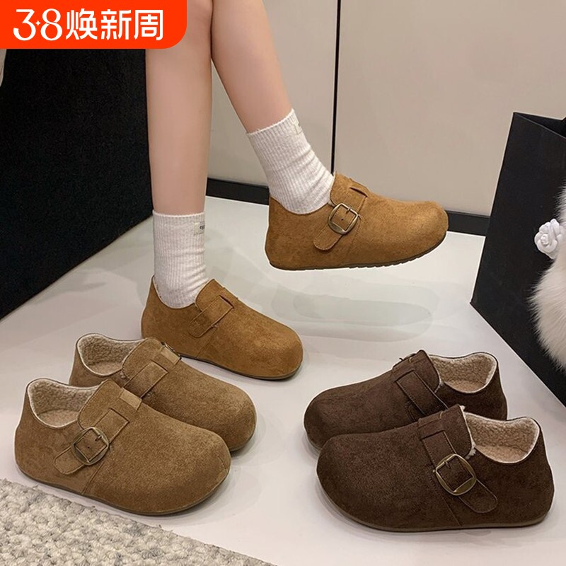 厚底内增高勃肯鞋女鞋子2025新款加绒毛毛豆豆鞋冬季百搭棉鞋毛绒