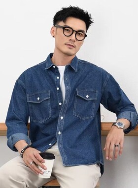 牛仔衬衫男韩版ins宽松帅气长袖衬衣港风外套春秋季寸衫深蓝色