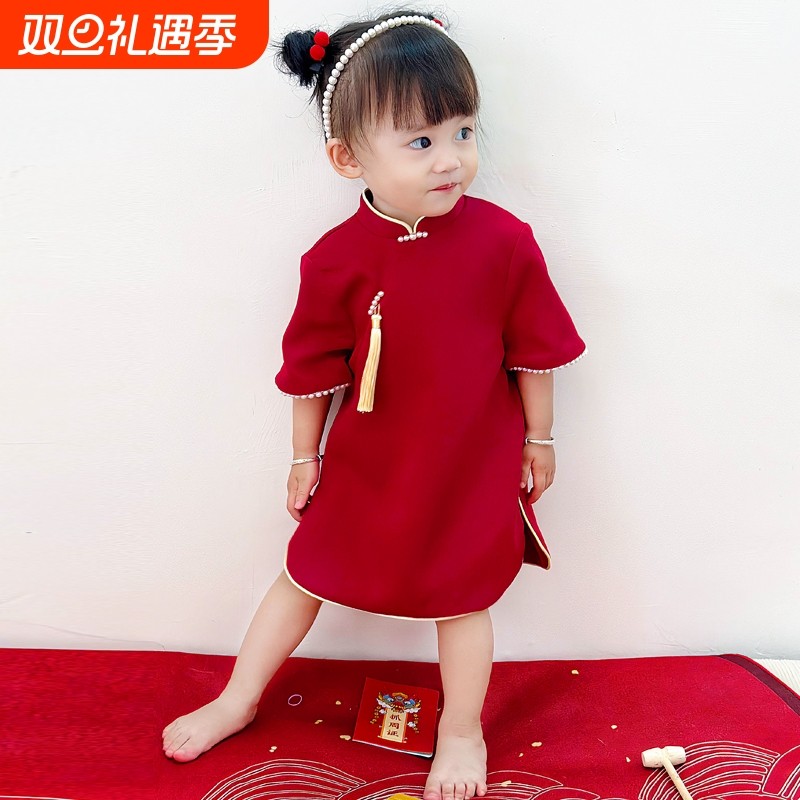 女宝宝周岁礼服红色新中式旗袍儿童抓周包屁衣百日宴女孩生日