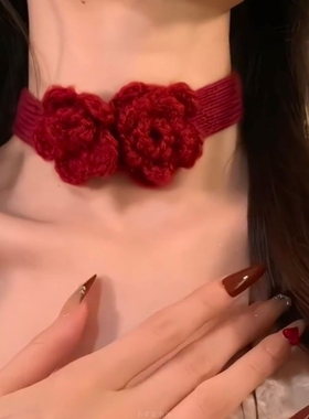 新年花朵针织项链红色喜庆choker甜美少女项饰圣诞节秋冬锁骨链女