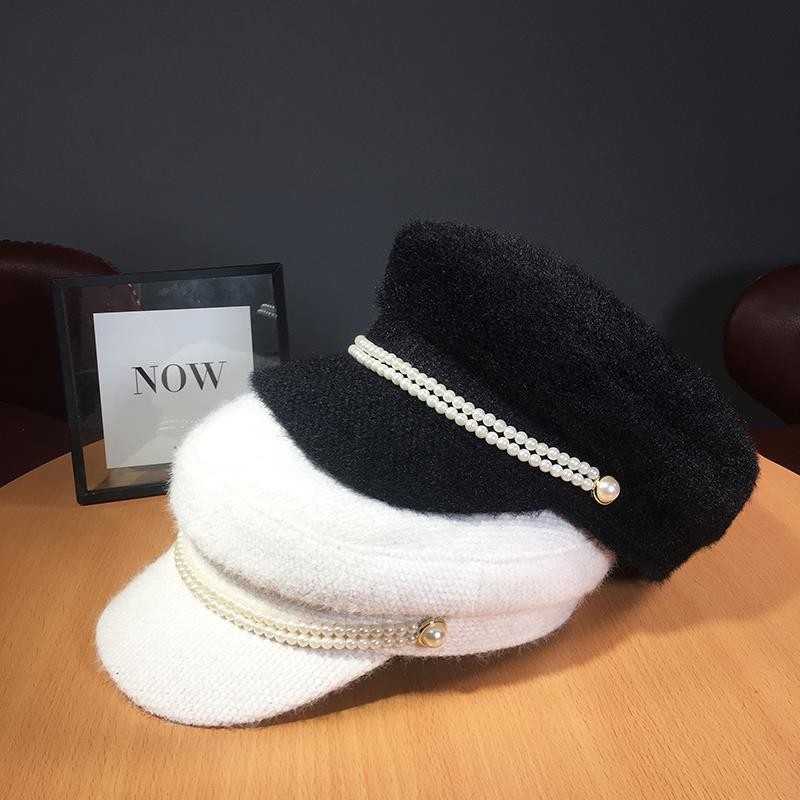 帽子女秋冬季韩版时尚百搭仿貂绒八角贝雷帽网红马海毛平顶海军帽