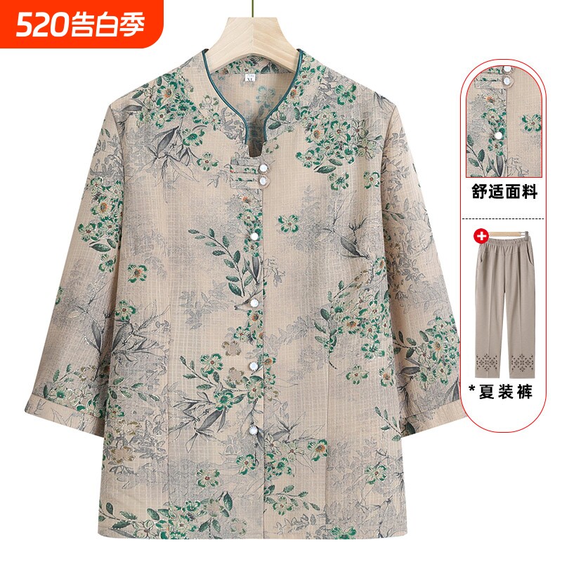 奶奶装夏季衬衫老人女装套装中老年人衣服妈妈中袖春秋上衣薄款