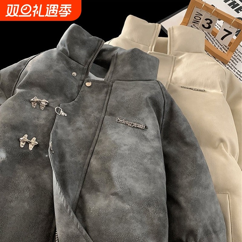 户外冬季新款宽松羽绒服男国潮高级感PU皮立领加厚面包服情侣外套