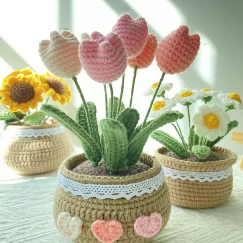 DIY手工编织郁金香小雏菊盆栽花束自制摆件永生花毛线钩织材料包