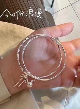 【幂琳】银手镯女纯银9999双环闭口蝴蝶结铃铛足银手镯简约百搭首