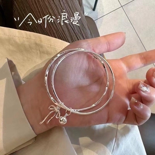 银手镯女纯银9999双环闭口蝴蝶结铃铛足银手镯简约百搭首 幂琳