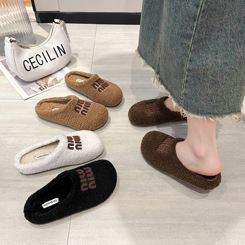 外穿平底加绒毛毛包头加棉拖鞋秋冬季羊羔网红爆款办公室毛绒黑色