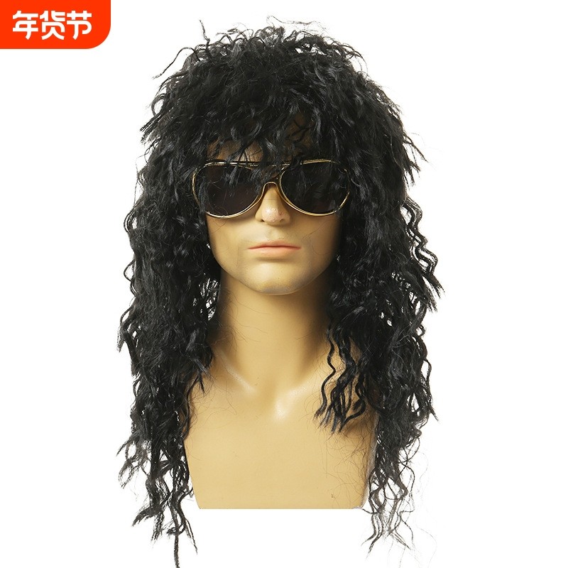 万圣节80s年代复古COS装扮朋克黑色假发迪斯科欧美男士摇滚卷发