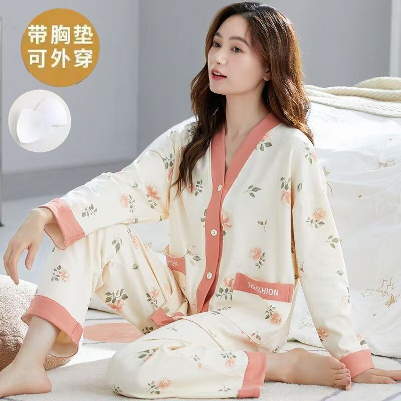 春秋季纯棉带胸垫睡衣女2026新款开衫家居服套装休闲粉色居家和服