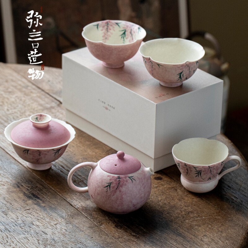 弥言纯手绘紫藤花陶瓷茶壶盖碗茶杯主人杯高颜值功夫茶具套装合集