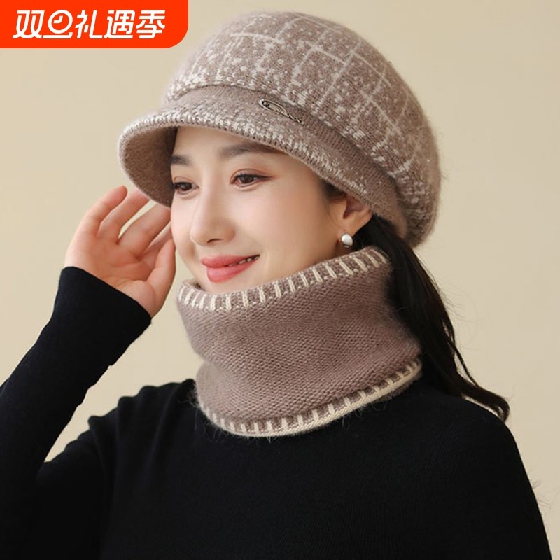 中老年妈妈洋气针织帽子加绒加厚鸭舌帽毛线保暖帽贝雷帽秋冬兔毛
