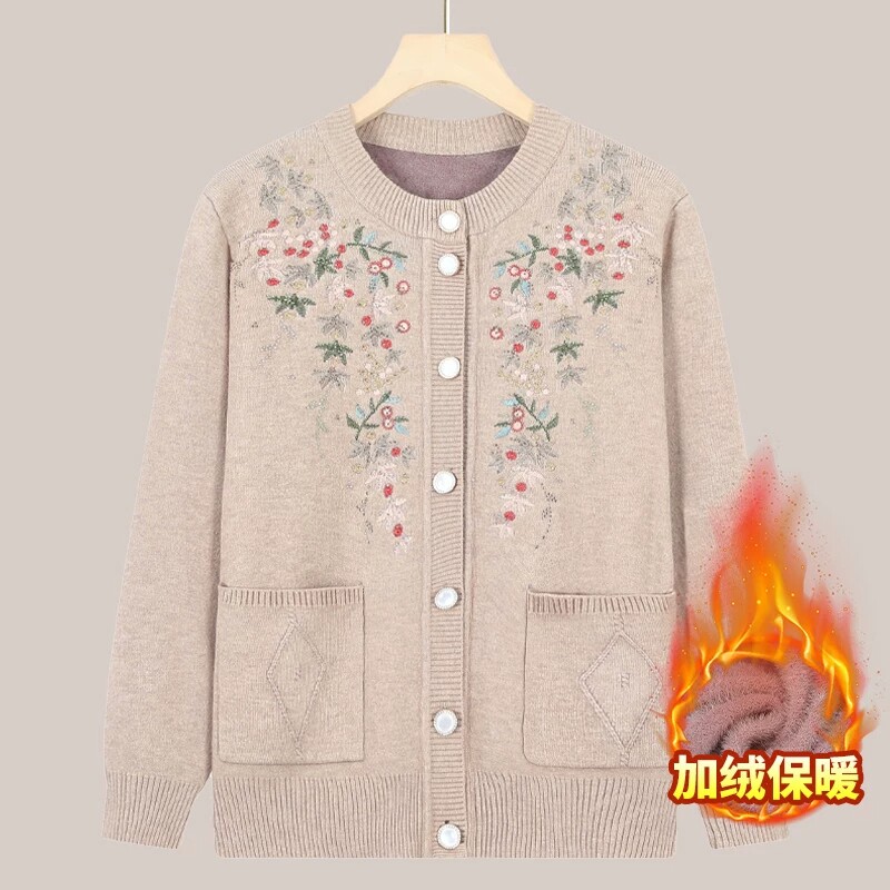 奶奶春秋女外套时尚毛衣老年人妈妈装秋冬加绒针织开衫宽松上衣服