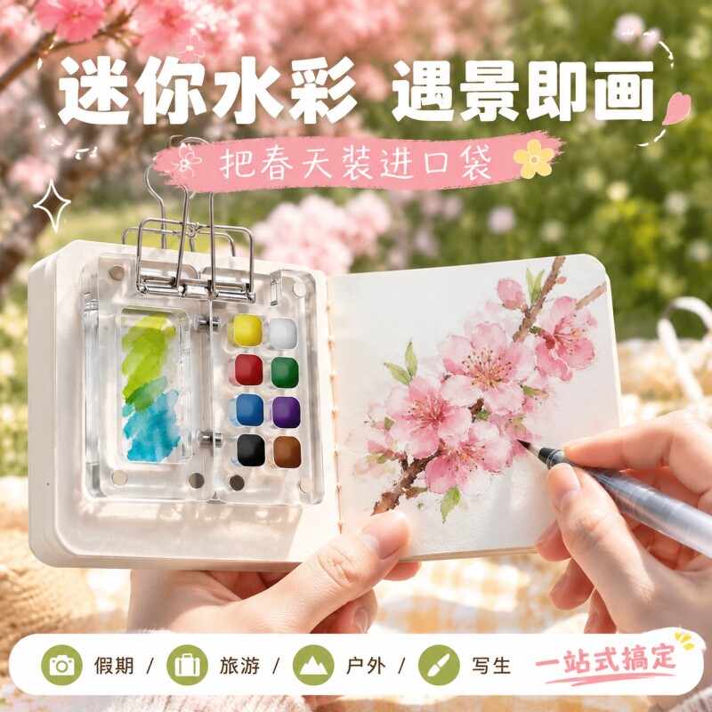 迷你水彩颜料亚克力盒画板套装随身便携手账本写生旅行绘画画本全套涂色固体水彩透明分装空盒24色小朋友上学