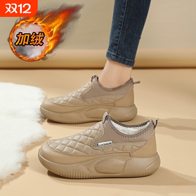 啄木鸟加绒女鞋2025新款冬季保暖运动休闲鞋防水防滑一脚蹬棉鞋大