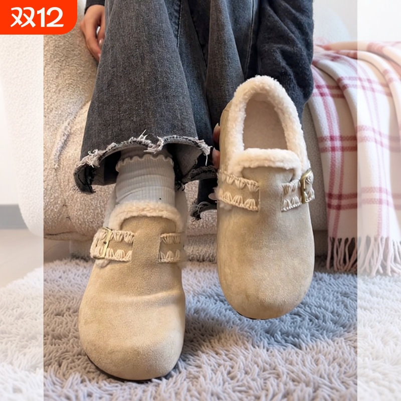 Misscat原创加棉加绒舒适保暖平底棉鞋女款冬季一脚蹬舒适勃肯鞋