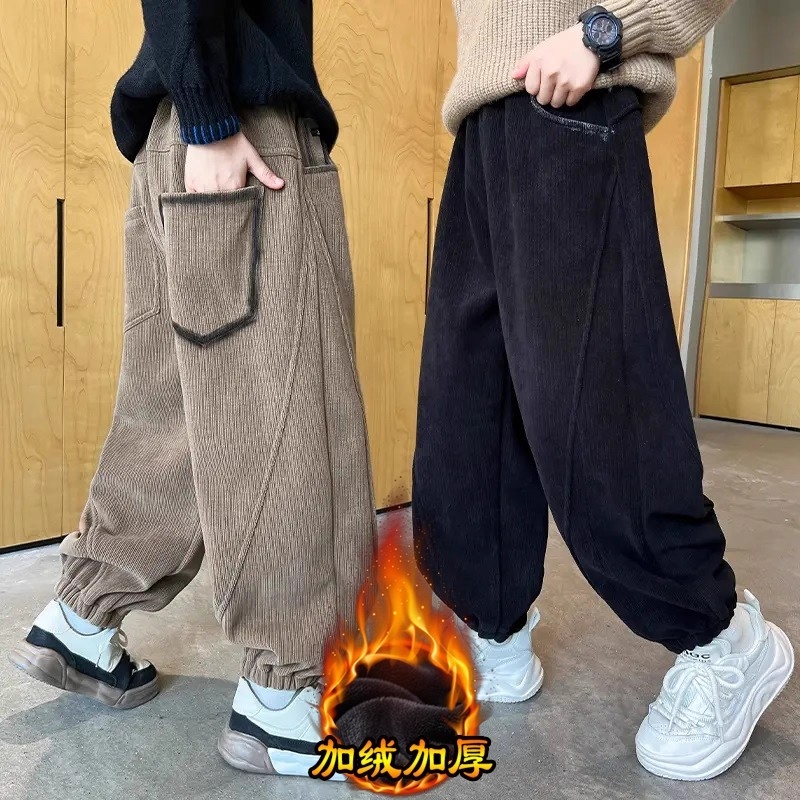 男童裤子秋冬款2025新款冬季中大童灯芯绒一体加厚儿童加绒运动裤