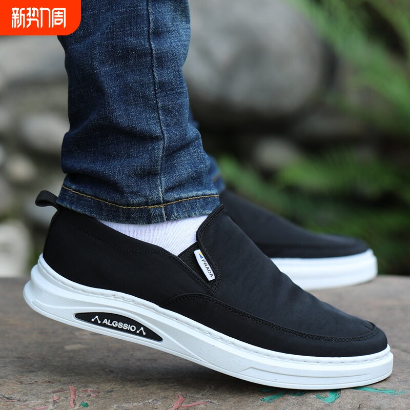 秋季男鞋透气防臭老北京布鞋男懒人鞋一脚蹬软底防滑休闲黑色