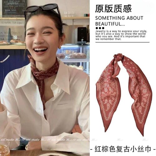 复古三角巾丝巾2025新款方巾腰巾搭配系脖配饰红色棕色粉色棉麻