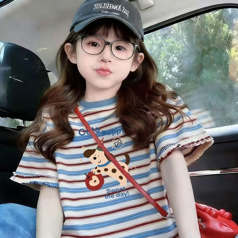 女童短袖儿童夏季条纹T恤洋气新款韩版夏装宝宝宽松上衣龙猫薄款图片