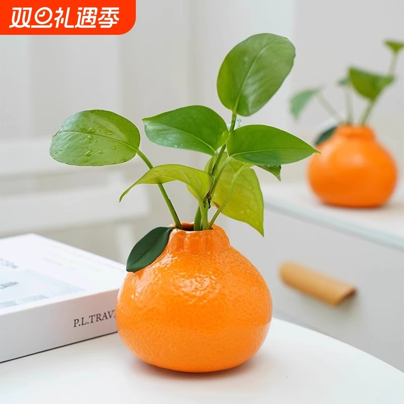 创意仿真橘子花瓶养水绿箩水培花盆家具桌摆装饰摆件高颜值田园风