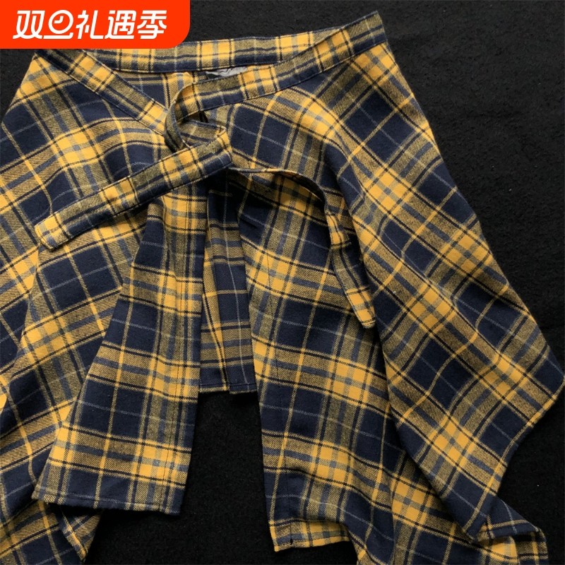 今年流行彩色黄色格子屁帘女一片式系带黄格藏肉神器男下摆男生衫